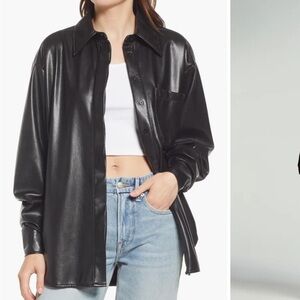 Black Faux Leather Overshirt Shirt Jacket - Women's
